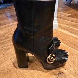 Gucci Black Leather Heeled Boots with Gold Emblem